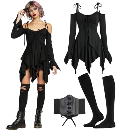 3pcs Sexy Gothic Kleidung Damen Mittelalter Fairy Feen Off-Shoulder Mini Kleid Retro Witch Renaissance Bekleidung mit Korsett, Lange Socken,...