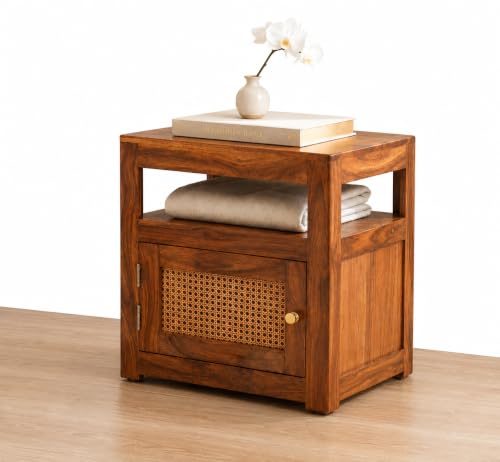 Image of Solid Sheesham Wood Bedside Table with Cane Door | Wooden Nightstand with Open Shelf & Storage Cabinet | Modern Side Table for Bedroom & Living Room