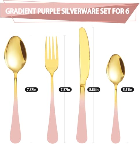 Image of 24 Pieces Flatware Set, Stainless Steel Cutlery Set with Silverware Holder, Modern Gold Silverware Set Includes Dinner Knives Forks Spoons,Hanging Silverware (Pink)