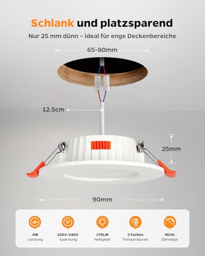 Sineyon LED Einbaustrahler 230V 68mm, 12er Set LED Spots Flach 4W Warmweiß 3000K Neutralweiß 4000K Kaltweiß 6500K, Deckenspots Weiß 65-80mm Lochmaß, Spots Deckenleuchte für Badezimmer Küche