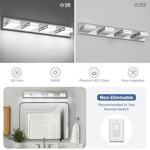 Image of LED Modern Bathroom Light Fixtures, 4-Light 30-Inch Chrome Vanity Lights for Bathroom Lighting Fixtures Over Mirror, 6000K Cool White 350 Rotatable Wall Lamp