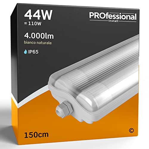 Eurocali 1x Plafoniera LED 150 cm Impermeabile completa di 2 Tubi 44W (2x 22W) Trasparente IP65 4000 lumen - Forma: Tubolare - Luce Bianco Naturale 4000K- Fascio Luminoso 120°