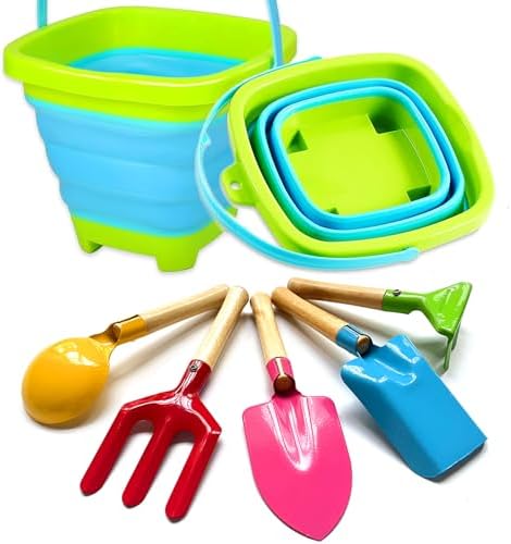 Kids Gardening Tools Collapsible Bucket and Shovels Set, Foldable Sand Bucket and 5pcs Metal Shovels Beach Toys for Kids Digging, Party, Camping Gear and Fun Summer Activities