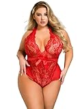 ohmydear Women's Lace Bodysuit Plus Size Lingerie Set Sexy Teddy Underwear Halter V Neck Babydoll Nightwear Ladies Red Outfits Sheer Chemise Negligees Uk 16-18