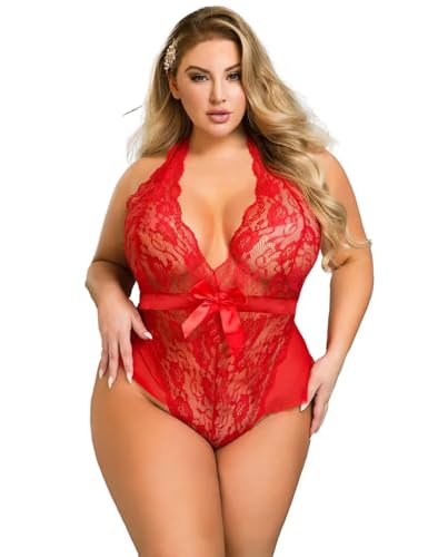 ohmydear Women's Lace Bodysuit Plus Size Lingerie Set Sexy Teddy Underwear Halter V Neck Babydoll Nightwear Ladies Red Outfits Sheer Chemise Negligees 16-18