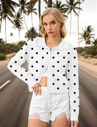 Image of Ythomm Womens Ruffle Collar Cropped Cardigans Button Down Open Front Long Sleeve Knit Sweater Jackets Casual Solid Fall Tops