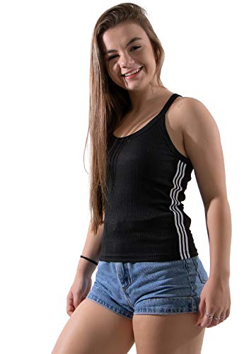 Camisa Canelada Listrada Regata Básica Feminina Nadador (G, PRETO)