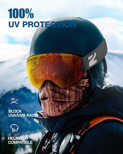 Image of ZIONOR X Ski Snowboard Snow Goggles OTG Design for Men Women with Spherical Detachable Lens UV Protection Anti-Fog (VLT 21% Black Frame Grey Revo Red Lens)