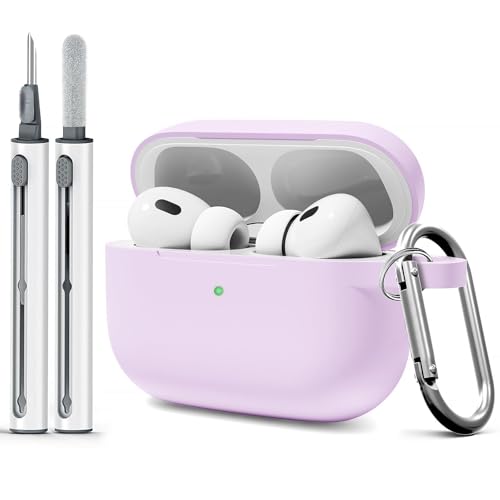 Woyinger Compatible with Airpods Pro Case,Soft Silicone Skin Case Cover with Cleaner kit,Shock-Absorbing Protective Case with Keychain,Front LED Visible-Lavender