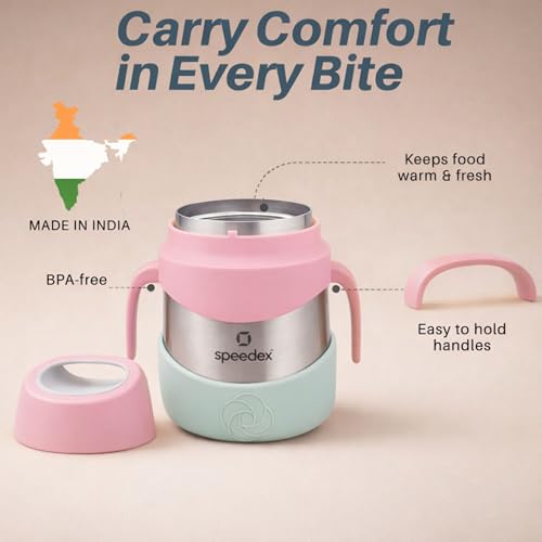 Image of Speedex Kids Insulated Food Jar 320ml Coral Pop (Peach), 304 Stainless Steel Lunch Box with Handle & Spork, Leak Proof BPA-Free Double Wall Vacuum Tiffin, Hot & Cold Food Container