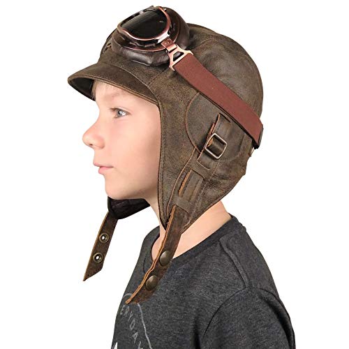 Kids Aviator Hat with Goggles, Real Brown Leather, Children's Pilot Flying Cap/Helmet (XXSmall, Hat + Goggles A)