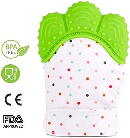 Baby Teething Mittens, Mitten Teether Toys, Infant Teething Mitt Set, Prevent Scratches Protection Gloves with Bibs for 3-12 Months Babies (001.Green)
