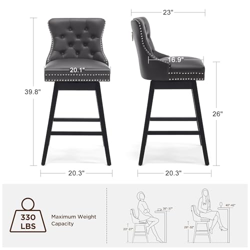 Image of Grey Leather Swivel Bar Stools Set of 4 with Back, 26 Inch Counter Height Chairs, Solid Wood Legs, Tufted Seat, Comfortable and Stylish for Kitchen, Island, Home Bar(Grey, 4 Pack, 26 inch H)