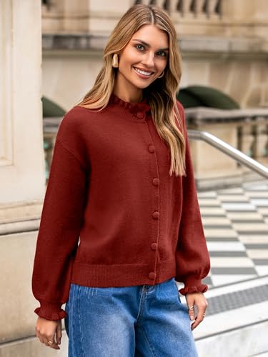 Simplee Short Knit Fall Cardigan Sweaters Cute Ruffle Mock Neck Long Sleeve Button Down Open Front Cardigans Trendy Outfits3