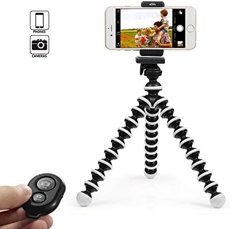 KCOOL Phone Tripod Stand Holder for iPhone, Cellphone,Camera with Universal Clip and Remote (Black White) (Black-White) (Black-White)