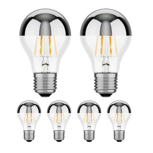 ledscom.de 6 Pieces E27 LED Bulb, A60, Warm White (2700 K), 6 W, 667lm, Head Mirror (Silver), Warm White / Silver