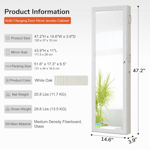 GISSAR Jewelry Mirror Armoire Wall Mount Over The Door Mirror Jewelry Cabinet Storage Mirror Organizer Lockable Full Length Door Mirror(White Oak) by GISSAR - Image 6