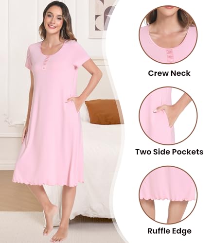 Image of NACHILA Bamboo Viscose Nightgown for Women Short Sleeve Crew Neck Sleepwear