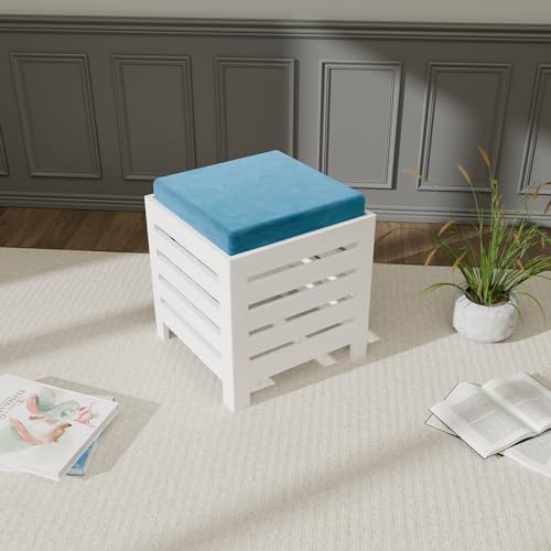 Image of ETIQUETTE ART Cushion Wooden Stool | Foot Stool | Fruit Square Table | Office Bedside Table | Kitchen Stool With Cotton Cover (White & Aqua), 30 Cm X 30 Centimeters