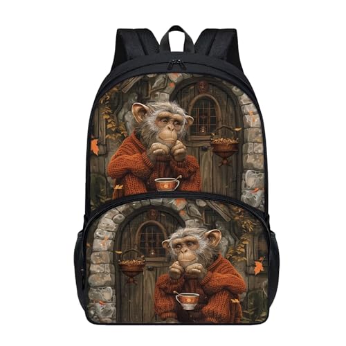 Lightweight Fairytale Monkey Backpack for Kids Sturdy Soft Comfy Large School Bag for Boys Girls 17 Inch Campus Daily Outing Student Bookbag with Side Pocket