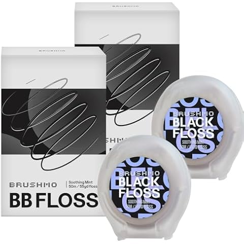 Brushmo Black Floss, Dentist-Designed Oral Care Floss, Expanding Woven Design with Natural Wax, Stain Removal, Gum Health Support, Non-Toxic PTFE & PFAS Free, 2 Spools 330 feet, Charcoal Black Cover