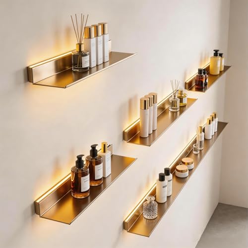 BVCL Estante Flotante Iluminado，Estantes de Pared Metálicos，Incorporada Luces LED，para Salón, Dormitorio, Baño, Cocina(Gold,60cm)