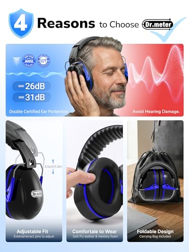 Image of Dr.meter Noise Reduction Ear Muffs, SNR31dB Hearing Protection Sensory Earmuffs, Noise Cancelling Headphones for Adults Ear Protection for Gun Range, Yard Work, Mowing, Monster Truck, Fireworks