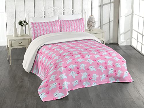 Ambesonne Animal Coverlet, Girls Design Pattern with Happy Animals Joyful Fun Playing Dots, 3 Piece Decorative Quilted Bedspread Set with 2 Pillow Shams, Queen Size, Pale Blue Pink