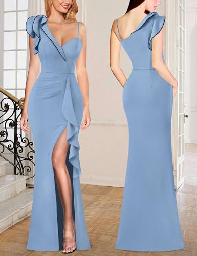 Image of VFSHOW Womens Formal Prom Elegant Ruffle One Shoulder Beaded Strap Ruched Slit Maxi Dress Wedding Evening Long Gown