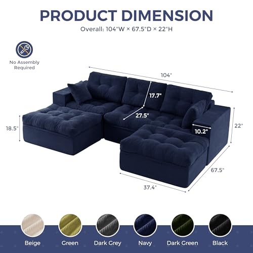 Image of MAXYOYO 104 inch U Shaped Modular Sectional Sofa with 2 Ottomans, Cloud Boneless Couch with Layered Cushion, Flexible Module Combination Sofa for Living Room, No Assembly Required, Navy