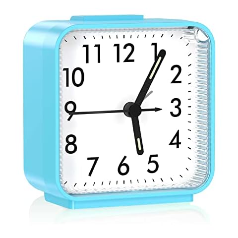 JXTZ Analog Alarm Clock, Bedside Clocks Battery Powered, Silent Non Ticking Travel Clock with Night Light, Snooze, Easy Set, Clock for Heavy Sleepers Kids Elder Travel Bedroom Office Blue Cover