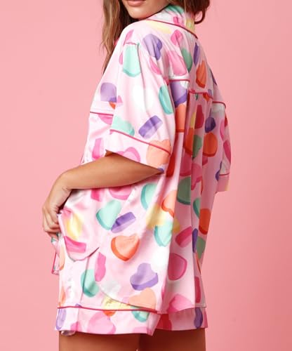 Image of Yiulangde Cute Silk Satin Pajama Set Preppy Pjs Shorts Y2k Floral 2 Piece Pajamas Sets for Women Button Down Lounge Shirt Set
