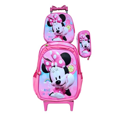 Kit Mochila Infantil Feminina com Rodinhas da Minniee em 3D + Lancheira Térmica + Estojo Escolar