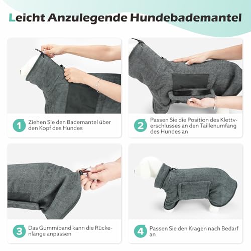Woiil 100% Baumwolle Hundebademantel, Ultra Saugfähiger Bademantel Hund, Mit Klettverschluss Und Verstellbarem Gummizug, Maschinenwaschbar, Geeignet Für Große, Mittlere Und Kleine Hunde, Grau (M)
