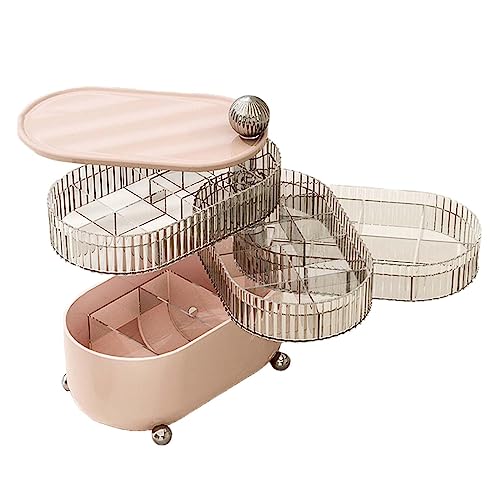 Pitycbo Bandeja para Cosméticos con Tapa, Organizador de Cosméticos, Estante de Tocador, Caja Compartimentada con Tapa, Organizador de Maquillaje Giratorio de, Rosa 4 capas