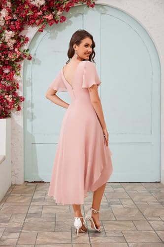 Chiffon Short Bridesmaid Dresses with Sleeves V Neck A Line Summer Tea Length Wedding Guest Dresses for Women3