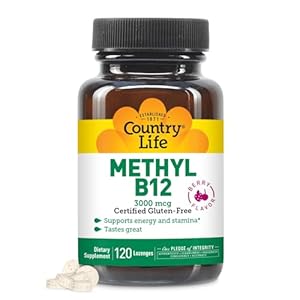 Country Life Methyl B12, 3000 mcg Lozenges, Supports Energy & Stamina, Metabolism & Red Blood Cell Production, Berry Flavor, 120 Vegan Lozenges, Certified Gluten Free & Halal