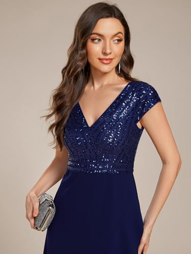 Image of Ever-Pretty Women's Elegant V Neck Sequin Short Sleeve Hi-Lo Tea Length Evening Gowns 02325
