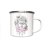 Emaille Tasse Camping Becher Emailletasse - weiß mit BUDDHA Bild - Kaffeetasse mit Buddha Kopf Geschenk - von zAcheR-fineT-Design