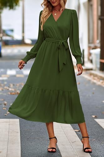 Image of PRETTYGARDEN Women's Floral Boho Dress Fall Long Sleeve Wrap V Neck Ruffle Flowy Maxi Spring Wedding Guest Vacation Dresses