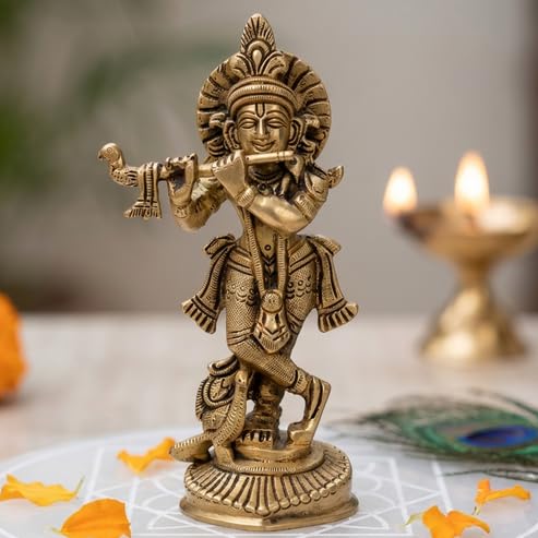 Image of Brass Krishna Ji Idol, Vastu Remedy for Love & Harmony (16 cm, 635 g)