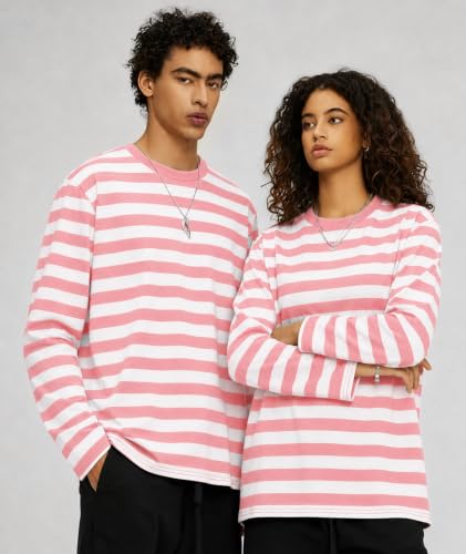 Image of KESIHAN Mens Striped Long Sleeve Shirt Crewneck Casual Basic Stripe Tee | Crewneck long sleeve striped tee with cotton spandex fabric,casual regular fit basic style for daily wear and layering.