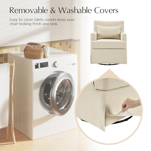 Sillón giratorio beige de tela con cojín grueso miniatura 4