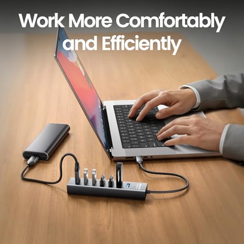 Image of USB C to USB Hub Multiport Adapter, Aluminium 7-in-1 USB C Hub Multiport Adapter, USB Extenders, USB to USB c Adapter for MacBook Pro /Air, Laptop, iPad, iMac, U Flash, PSSD, HDD, Keyboard, Mouse