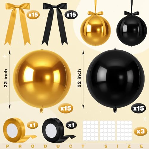 Jenaai 30 Set Graduation Round Foil Balloons Bulk 22 Inch 4d Black and Gold Metallic Giant Balloons Set with Satin Bows Ribbon for 2026 Graduation Party Ceiling Ornaments Decoration by Jenaai - Used condition - US$15.84