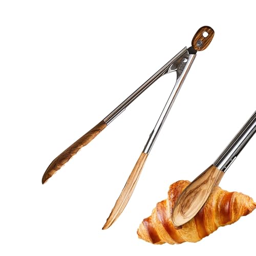 Juego de pinzas de cocina, pinzas de barbacoa inoxidables, pinzas de madera de olivo, pinzas de cocina resistentes, las mejores pinzas de cocina de madera de olivo para servir ensaladas, asar y más,