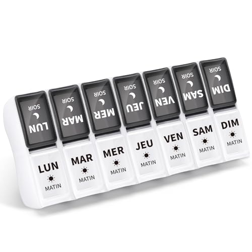 Opret Pilulier Semainier Français Matin et Soir, Petits Pilluliers Amovibles 7 Jours 14 Compartiments Pilulier Hebdomadaire 2 Fois - Noir Blanc