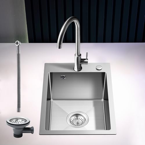 ROVOGO 304 Edelstahl Spülbecken Klein, 50 x 35 cm Spüle Küche mit Ablauf-Set, Küchenspüle 1 Becken mit Loch für Armatur und Seifenspender, Kleine Einbauspüle Gebürstet