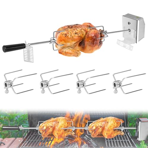 YUENFONG Juego de brochetas para Barbacoa, Incluye 4 Pinzas para Carne, 1 Motor eléctrico, pincho Giratorio de Acero Inoxidable (Motor 220-240 V), 107 cm, para asador Giratorio y Parrilla de Gas