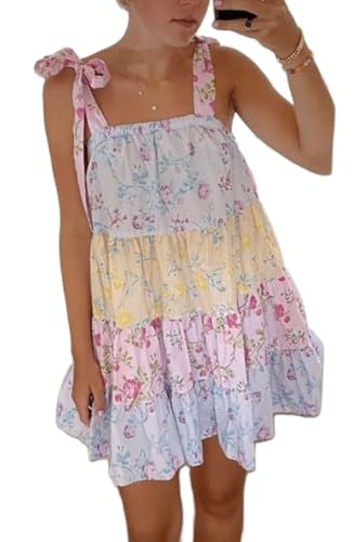 Image of Women Tie Shoulder Mini Dress Floral Ruffle Babydoll Dress Boho Square Neck Sundress Cute Summer Dresses